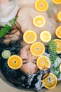 orange, skincare, bath, nature, water, woman, model, wellness