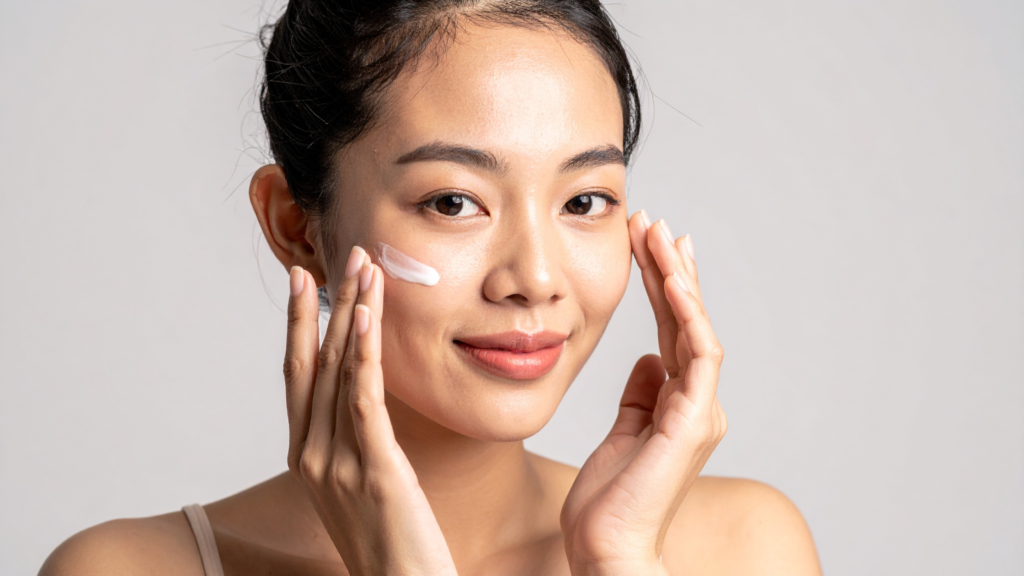 lady applying moisturizer while smiling
