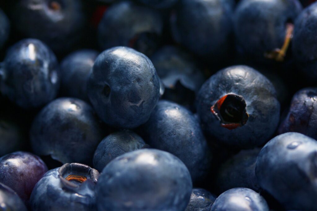 Macro photo of a group of fresh blueberries showcasing their vibrant color and texture.
