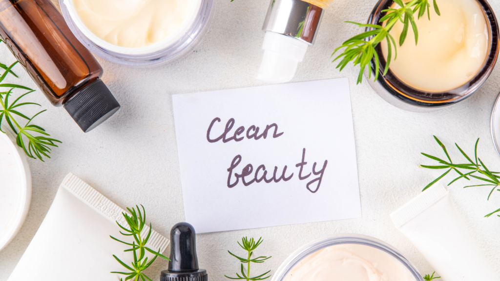 a display of different skincare products to achieve clean beauty